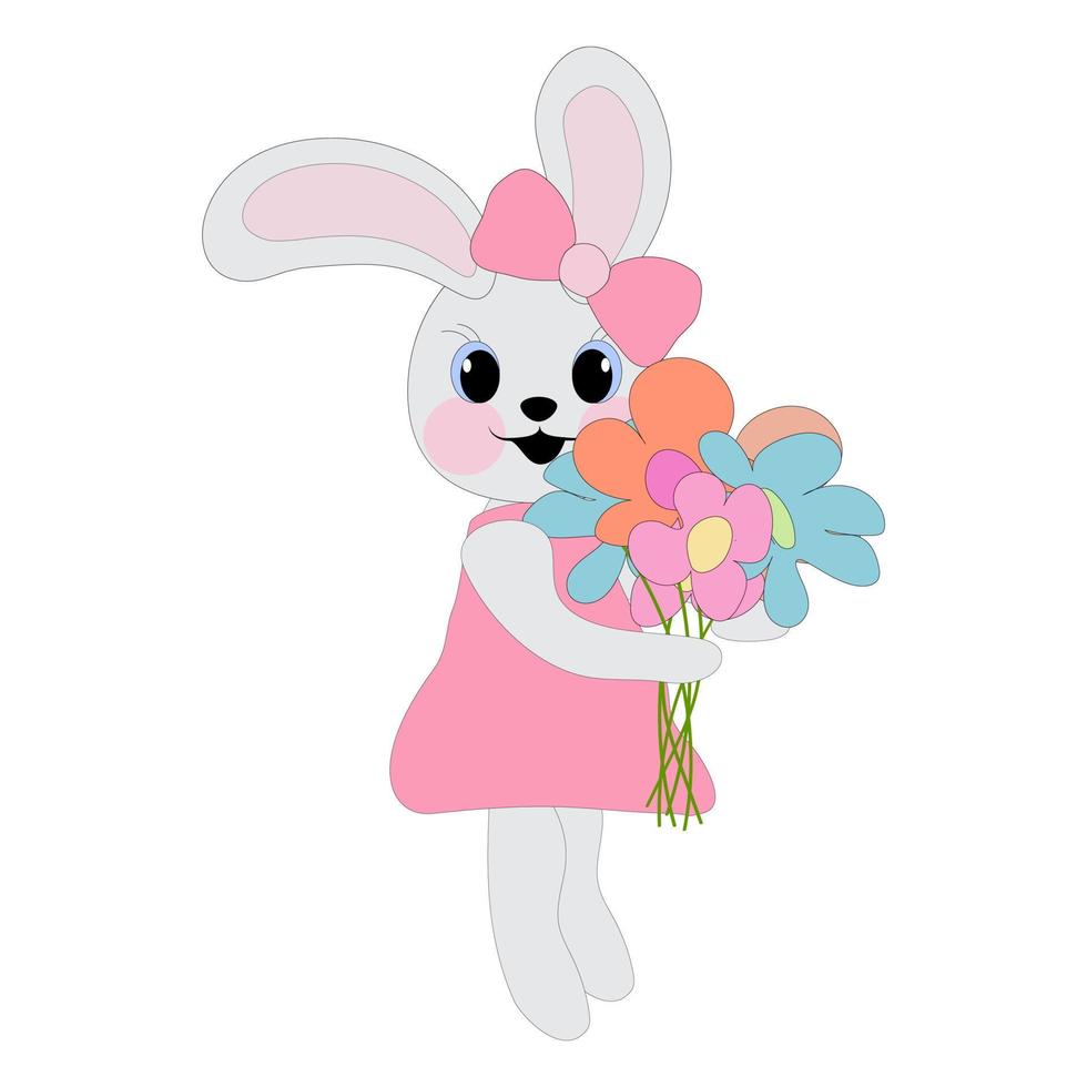 Bunny girl in a pink dress holding flowers in her paws. Symbol of 2023. Easter concept. Coloring book for children. Vector image