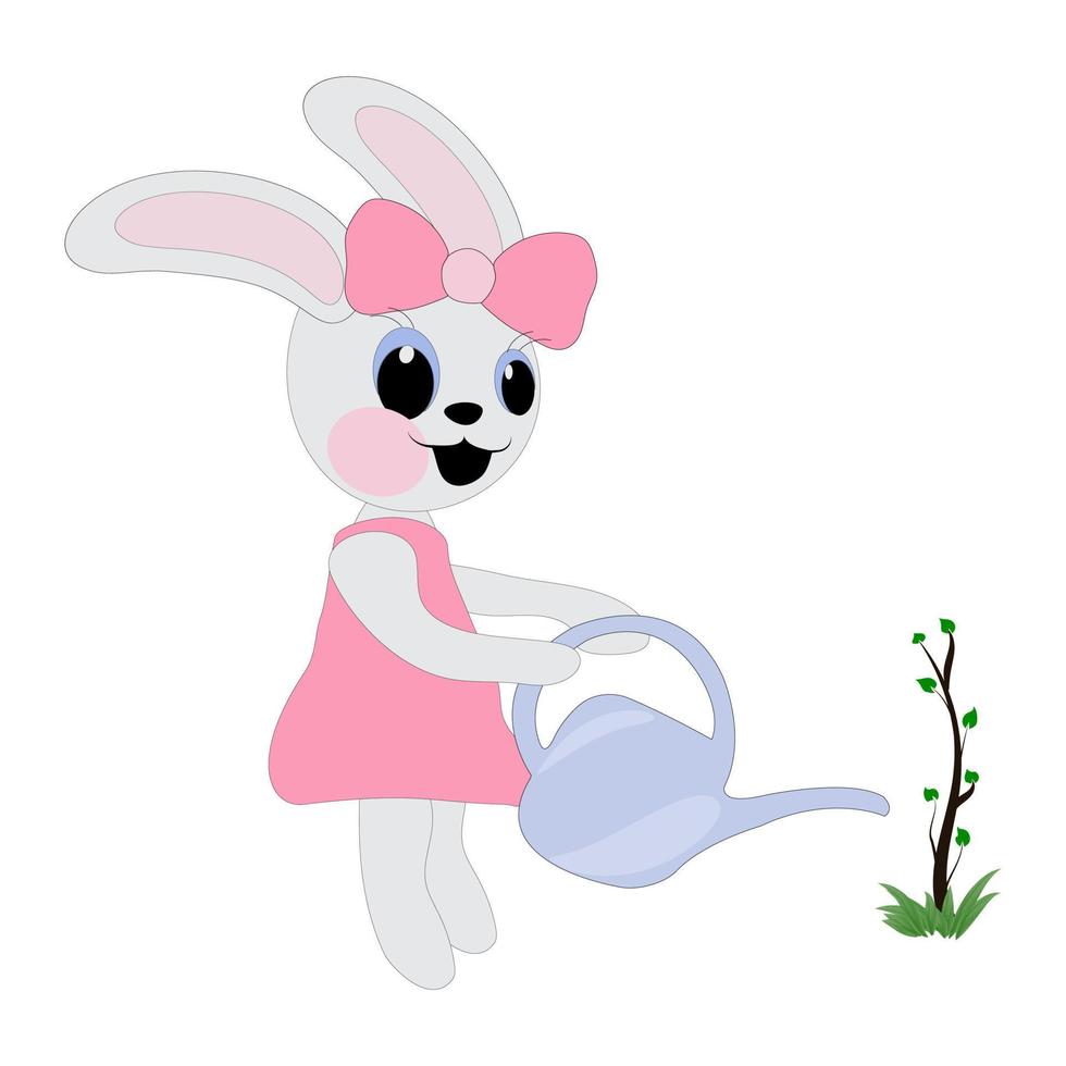 A bunny girl in a pink dress is watering a young tree from a watering can. Symbol of 2023. Ecology concept. Coloring book for children. Vector image