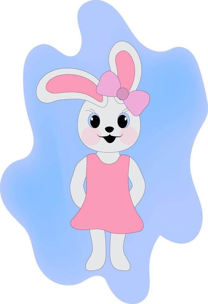 Bunny girl in a pink dress and a bow on a blue background. Symbol of 2023. Vector illustration