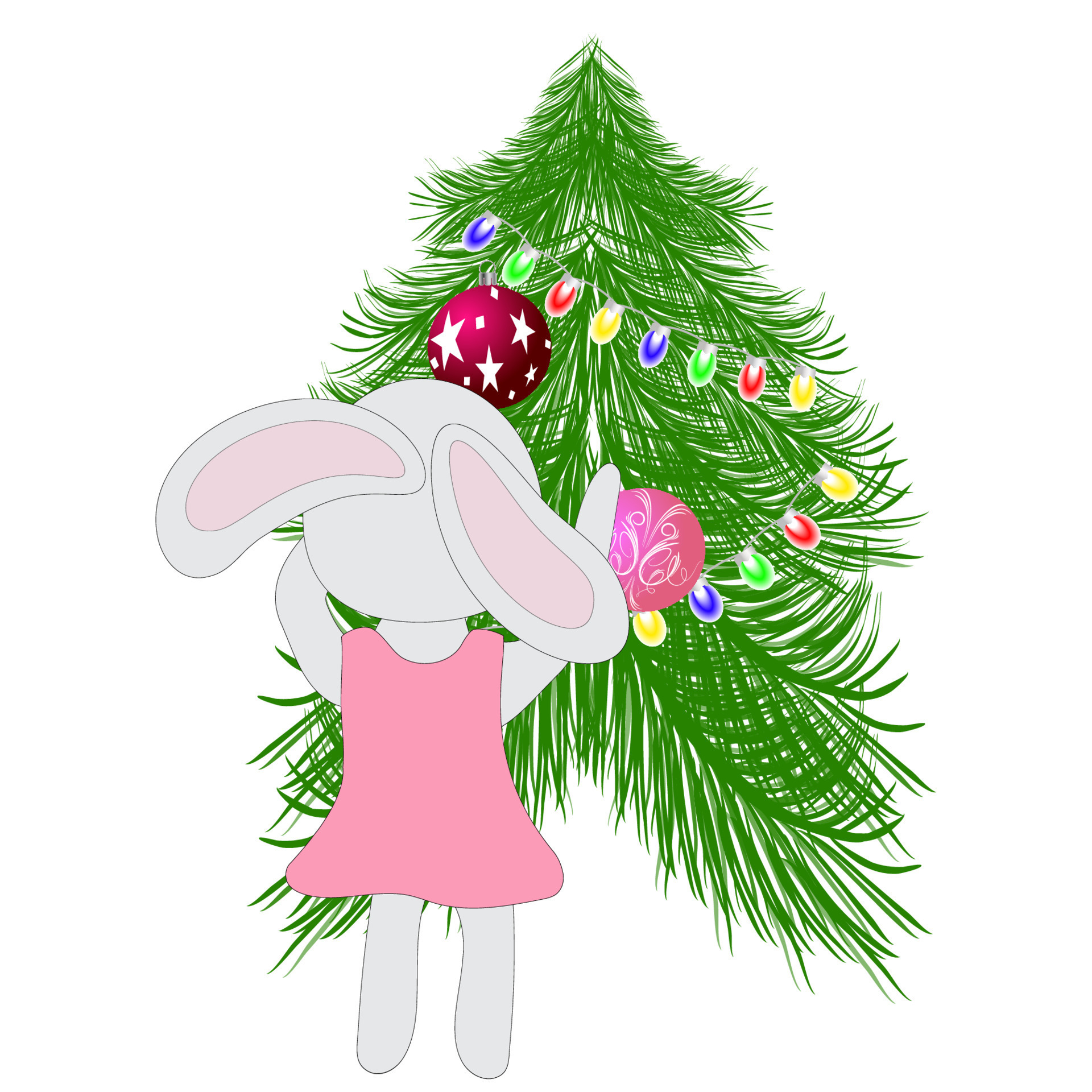 Bunny girl in a pink dress decorates the Christmas tree. Symbol of 2023 