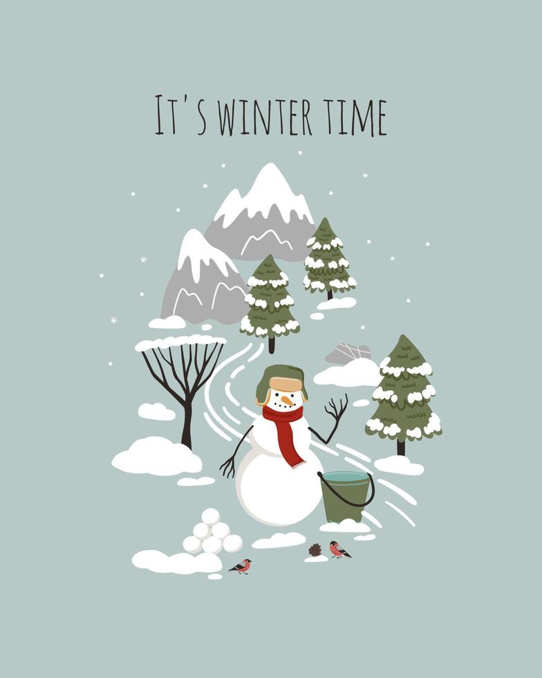 paisaje de invierno de dibujos animados con muñeco de nieve, montañas, pinos, nieve. cartel de Navidad, tarjeta, impresión vector
