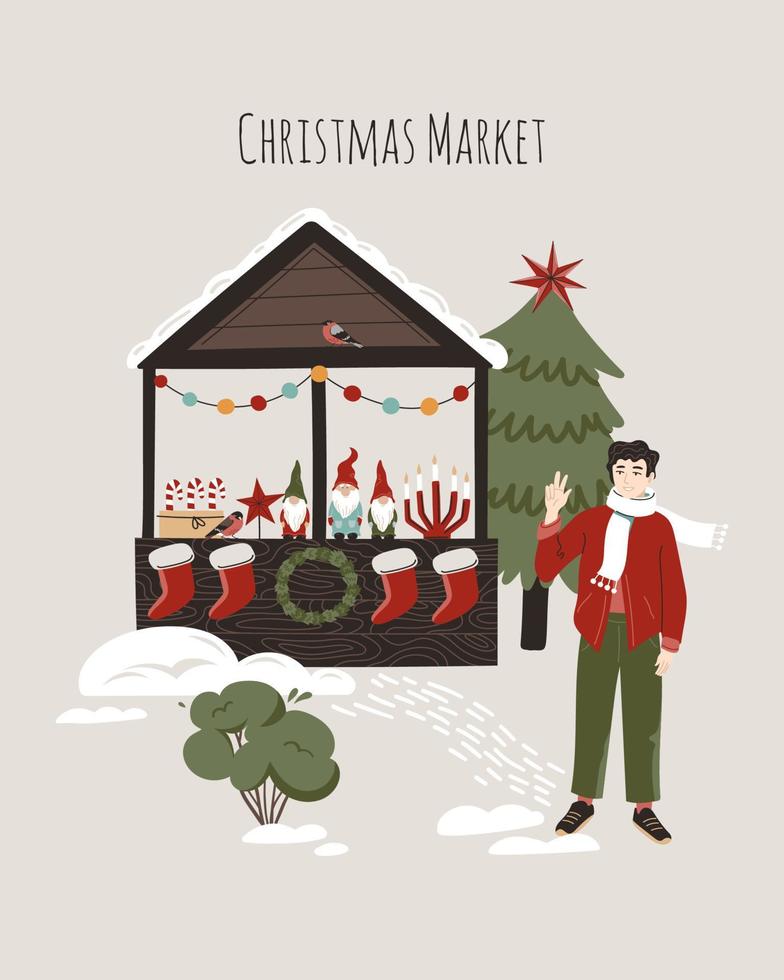 concepto de puesto en el mercado navideño con un hombre feliz. ilustración de invierno para póster, tarjeta, impresión, diseño. vector