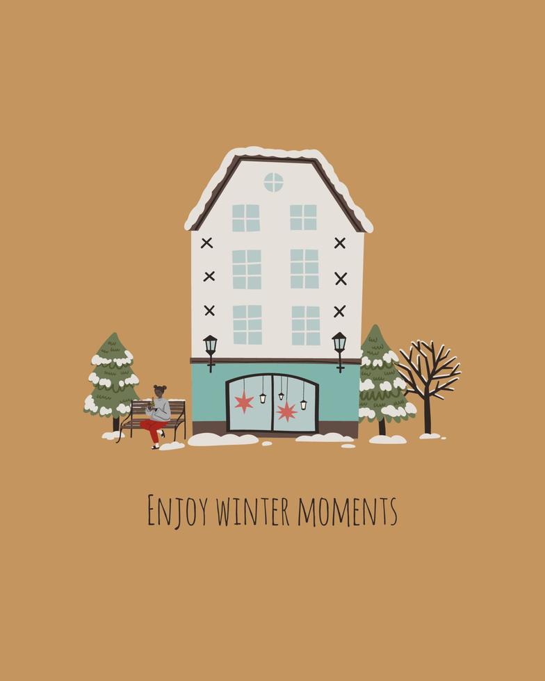 concepto de invierno con casa cubierta de nieve, ilustración navideña para póster, tarjeta, impresión. vector