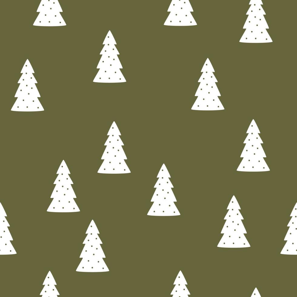 Simple white cute Christmas trees on a green background. Seamless vector pattern with a winter print
