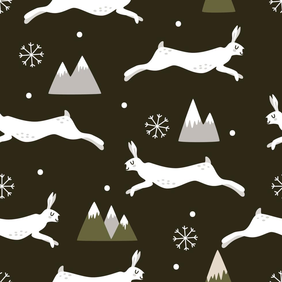 Cute hand-drawn bunnies frolicking between snowy mountains on a black background. seamless vector pattern in Scandinavian style for New Year and Christmas celebration