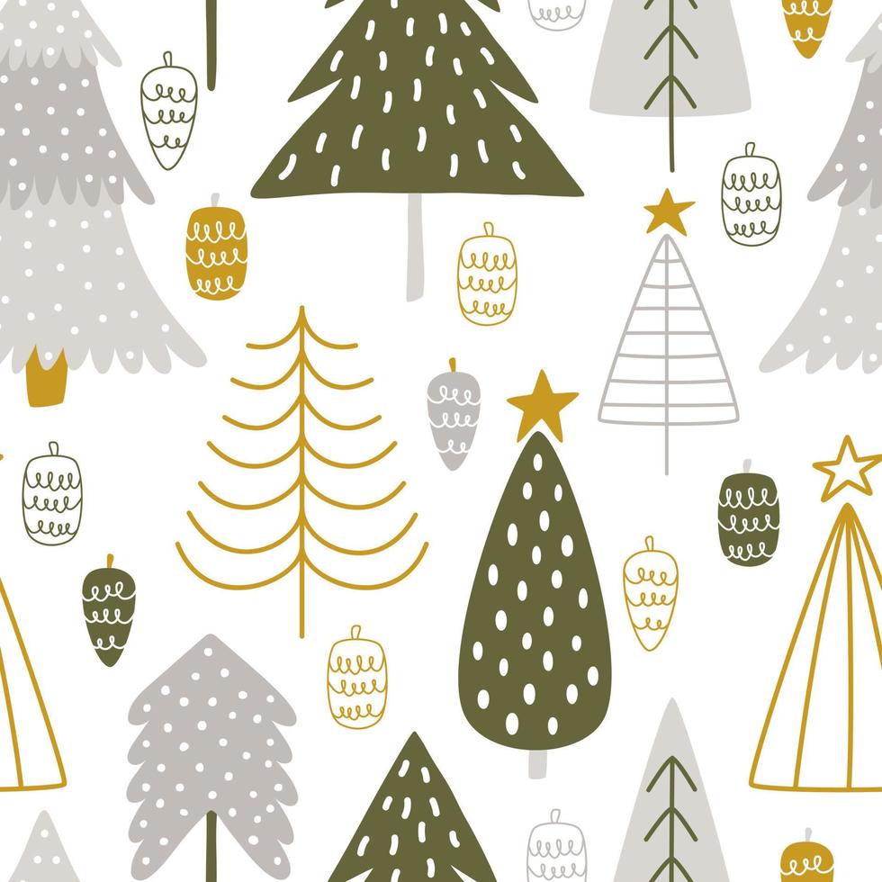 Cute hand-drawn Christmas trees with cones in Scandinavian style. Seamless vector pattern for the celebration of winter New Year and Christmas holidays