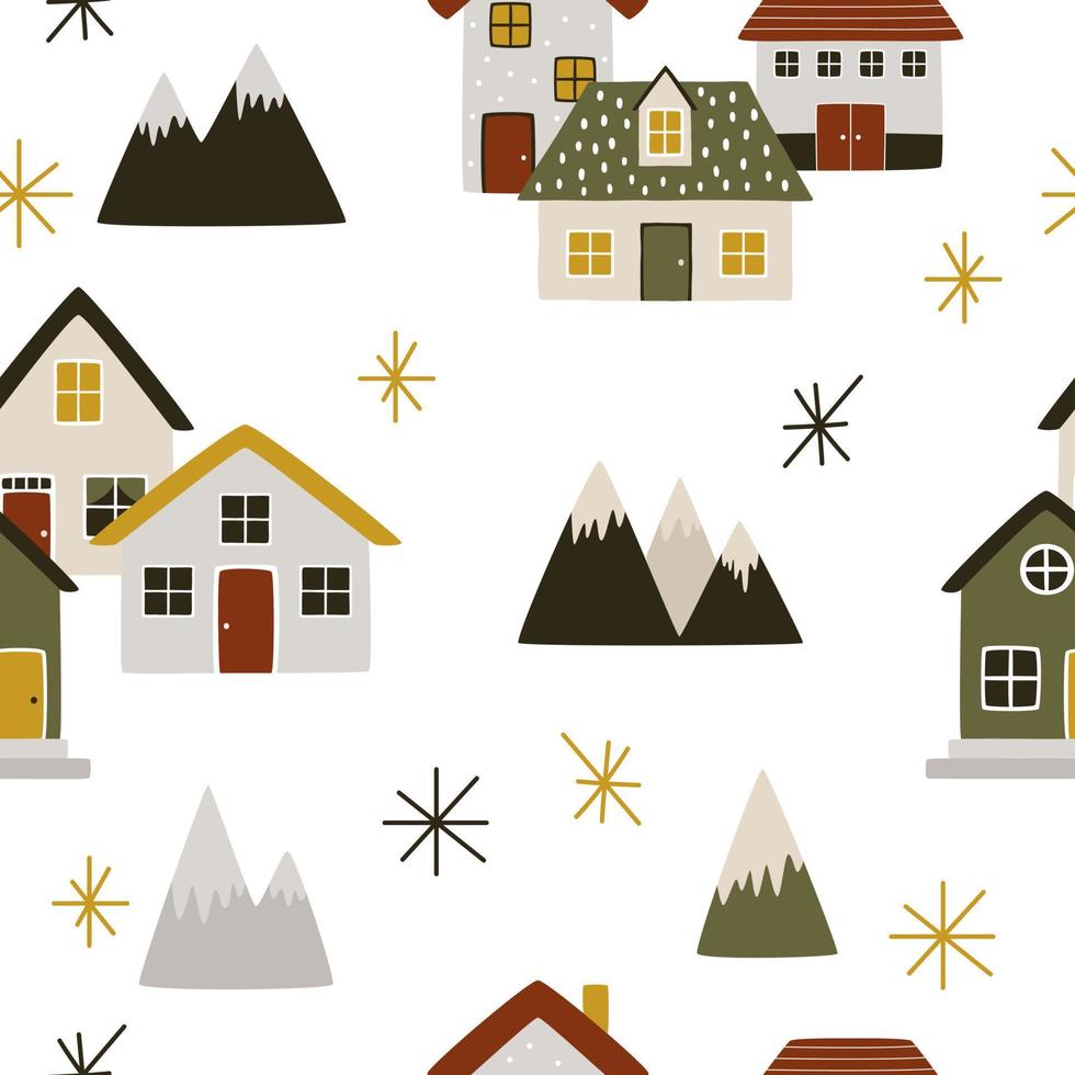 casas dibujadas a mano en las montañas en estilo hygge. patrón transparente de vector para regalos de navidad y año nuevo, ropa de bebé y papel tapiz