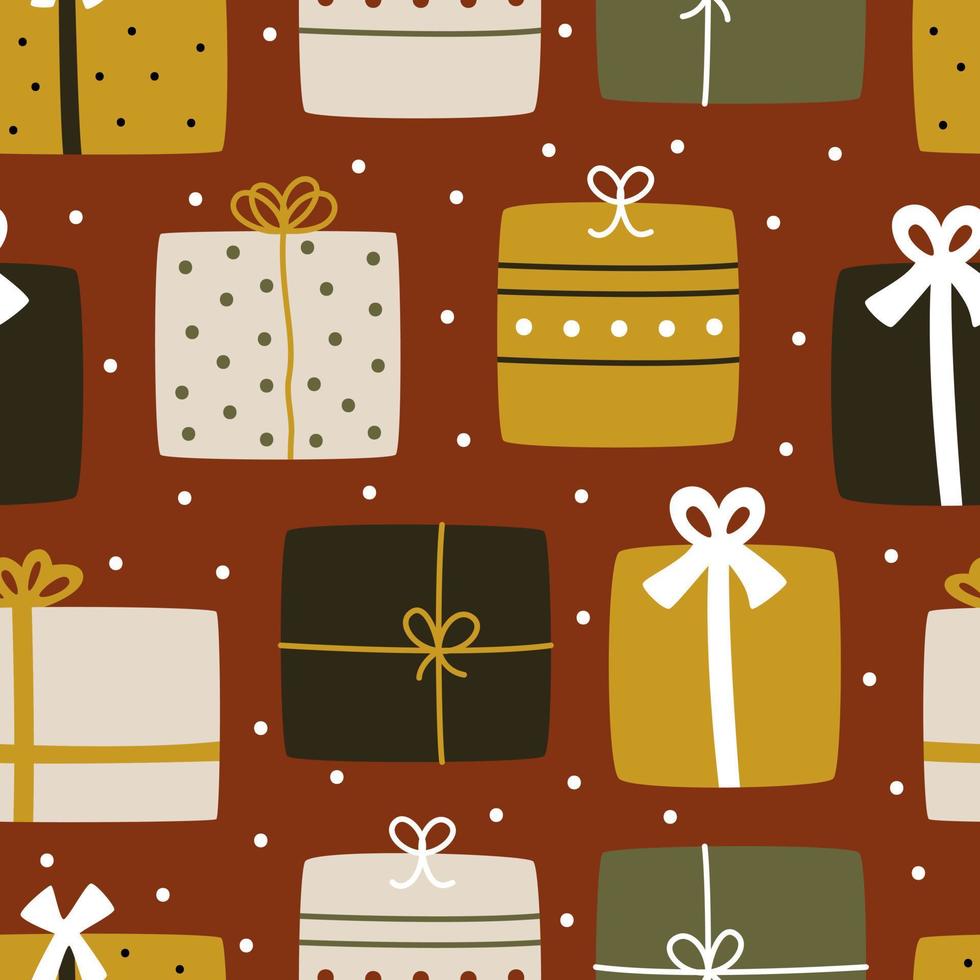 cajas de regalo vectoriales dibujadas a mano en estilo hygge para año nuevo y vacaciones de navidad en un fondo rojo. patrón sin costuras para tela, raspador o papel de regalo vector
