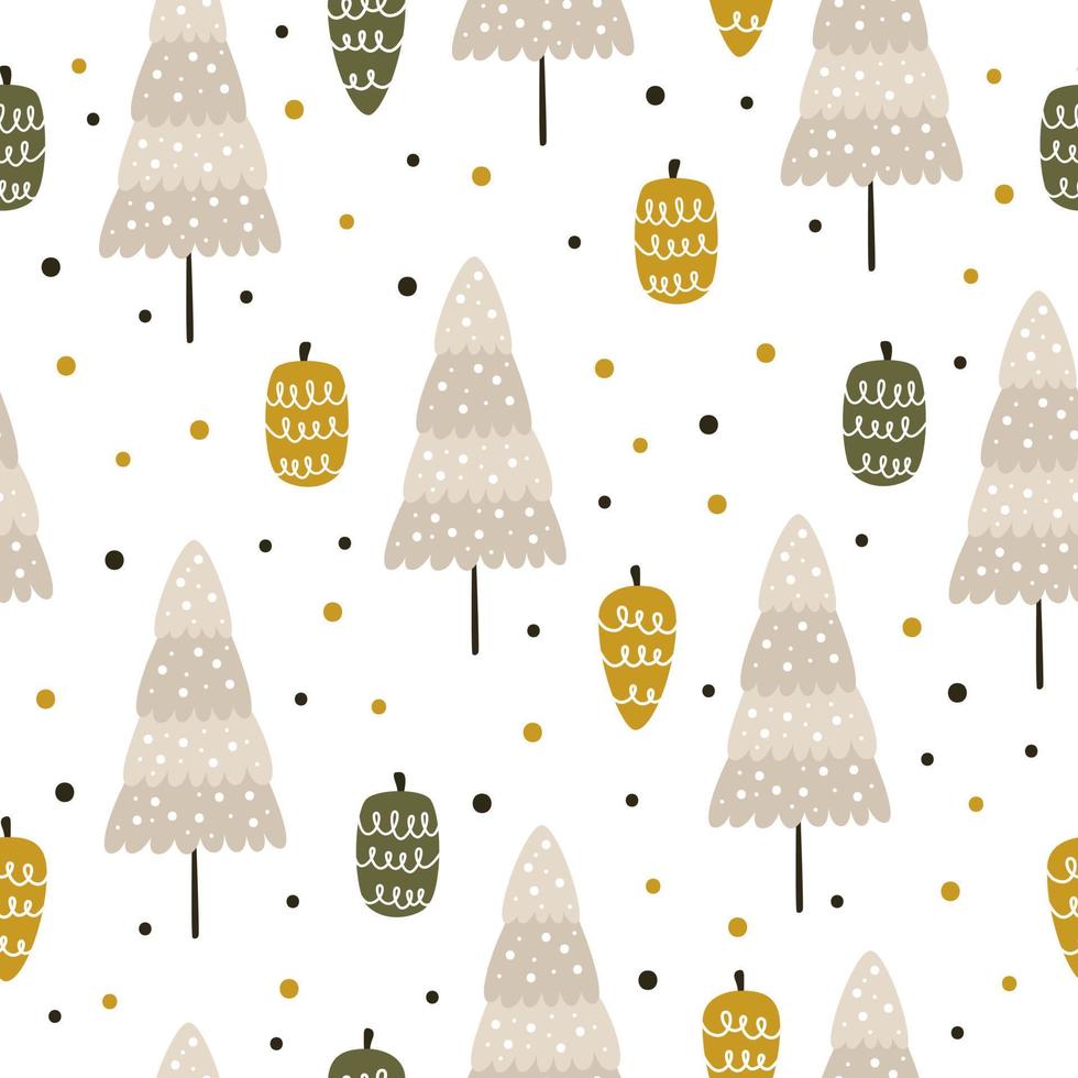 Cute hand drawn Christmas trees for wrapping paper or fabric. Seamless pattern with cute winter decorations for wrapping paper for Christmas vector