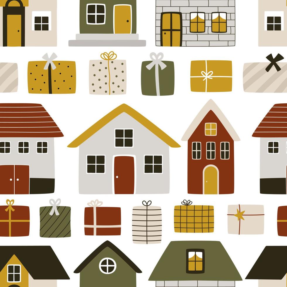 Cute hand-drawn houses with gift boxes in hygge style. Vector seamless pattern for Christmas and New Year gift wrapping paper
