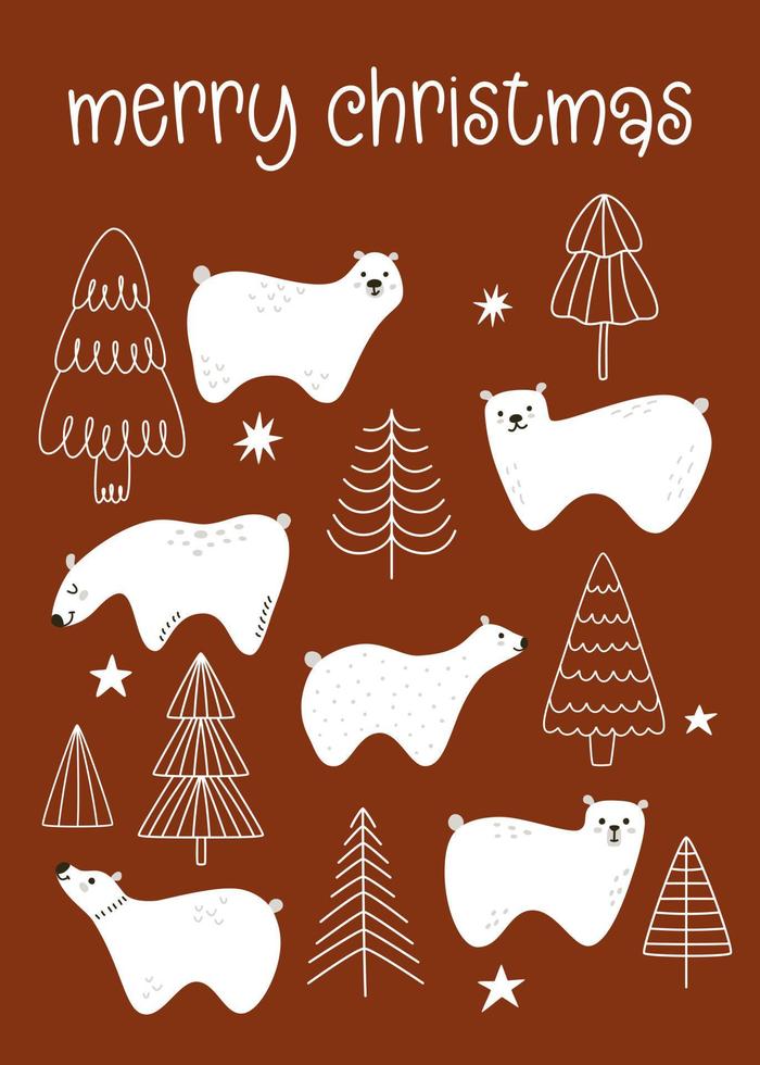 Vector cute postcard or poster for Merry Christmas with trees and bears. Greeting card with winter illustration of animal