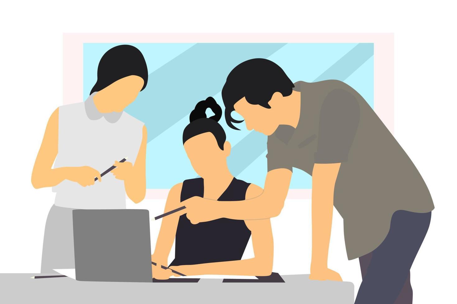 three people are looking at a laptop in the study vector