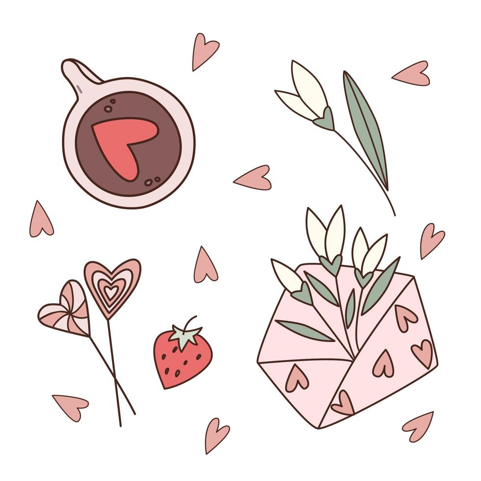 Valentine's day doodle vector color illustrations. Cappuccino with heart, flowers, envelope, strawberry, lollipops. Pink and red color.
