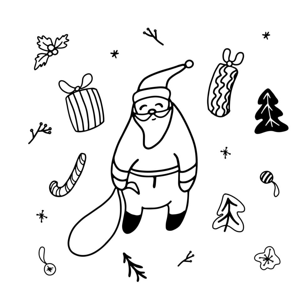 Christmas doodle vector illustrations set. Black and white outline hand drawn design elements Santa Claus, gift boxes, trees.