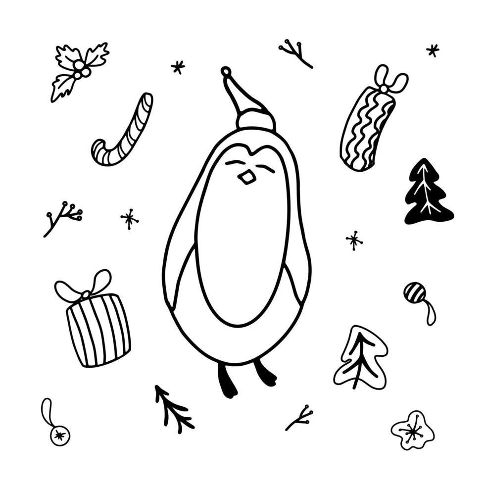 Doodle penguin vector drawing. Christmas hand drawn illustration set.
