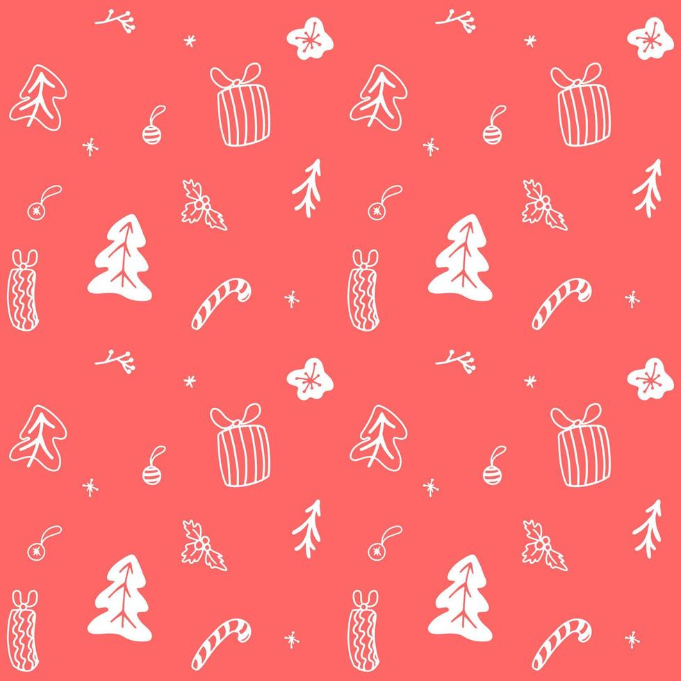 Christmas hand drawn seamless pattern in doodle style. White elements on red background. vector