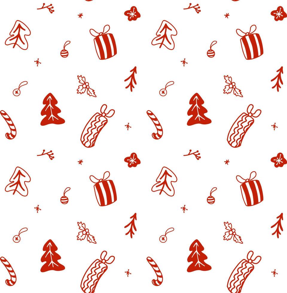 Christmas hand drawn doodle seamless pattern. Vector illustration. Red elements on white background.