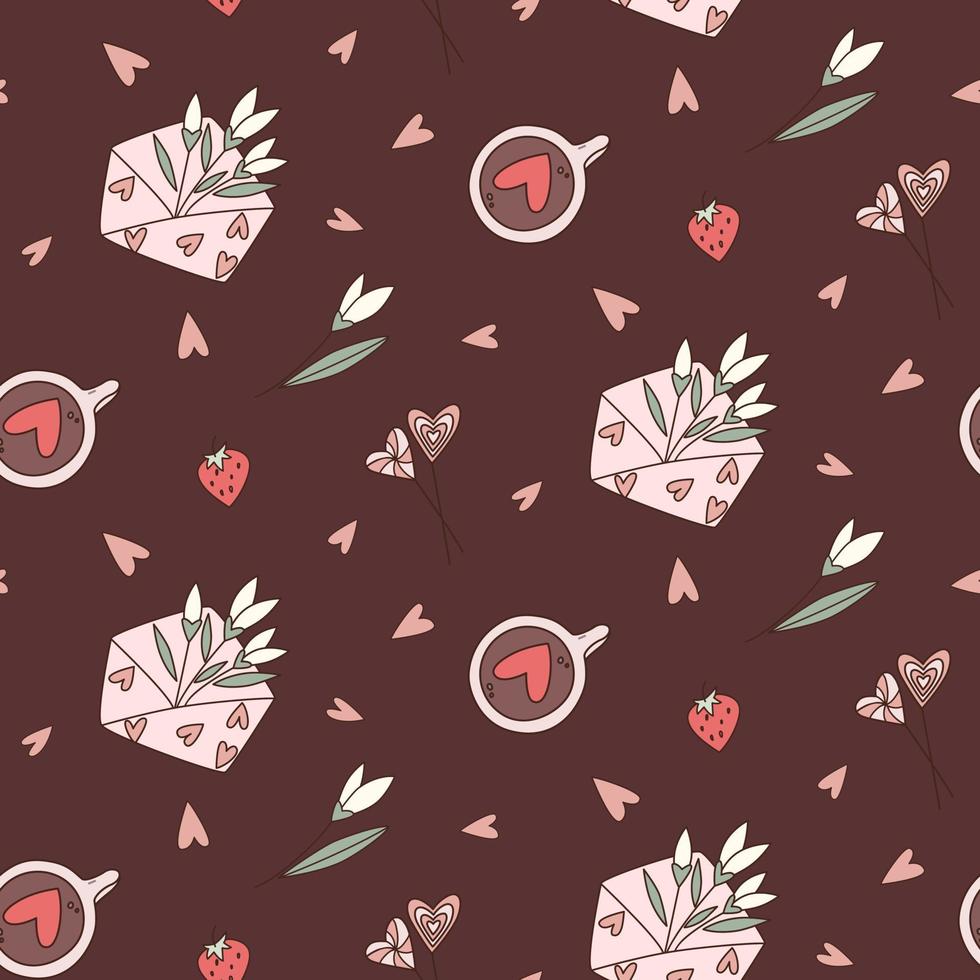 Valentine's day doodle seamless pattern. Vector hand drawn elements on chocolate background. Wrapping paper, gift tags, greeting cards