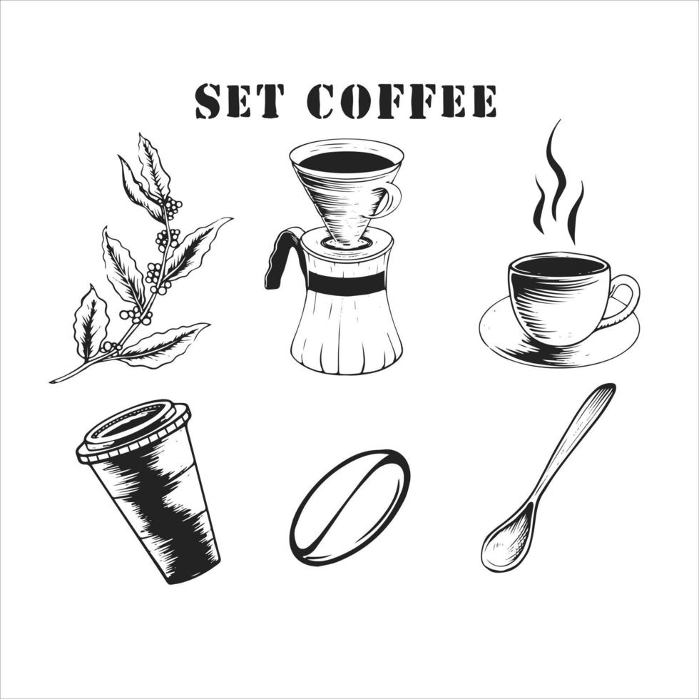 hand drawn coffee set sketch illustration vector