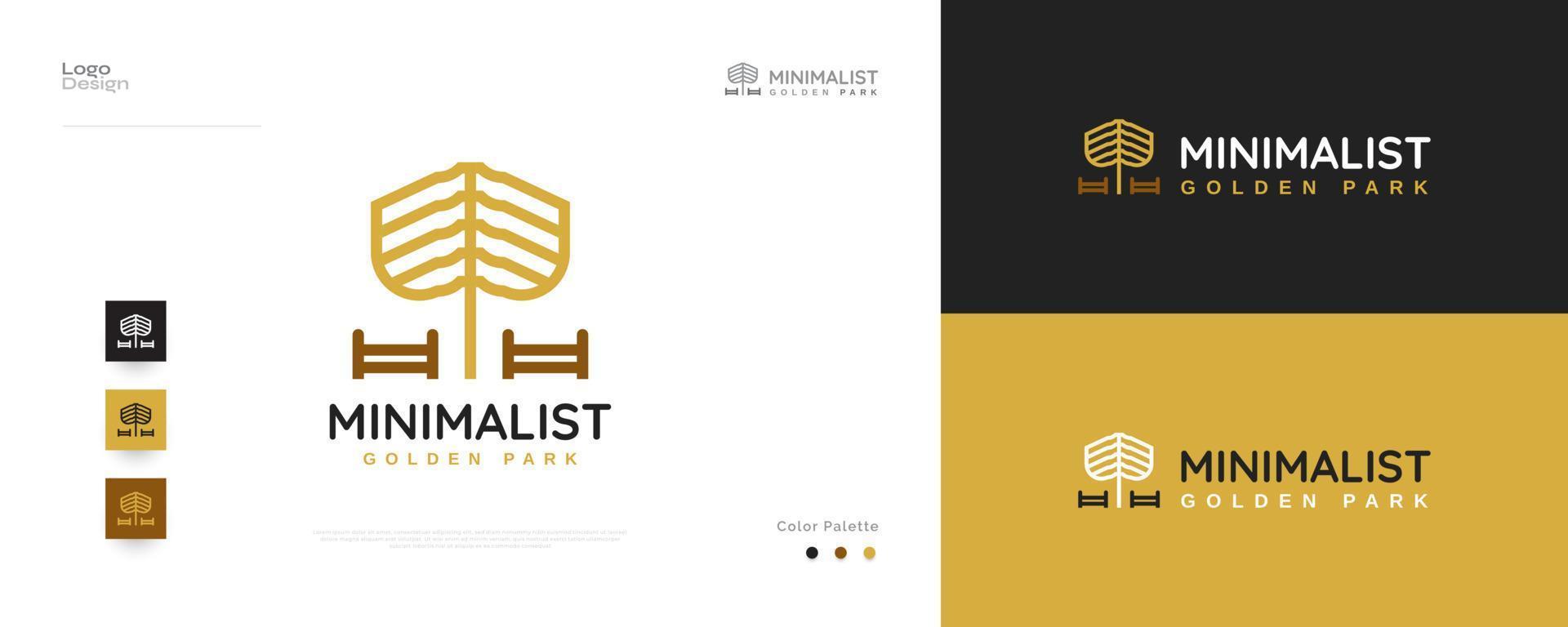 diseño minimalista del logotipo del parque dorado. ilustración de jardín simple con árbol y bancos para logotipo o icono vector