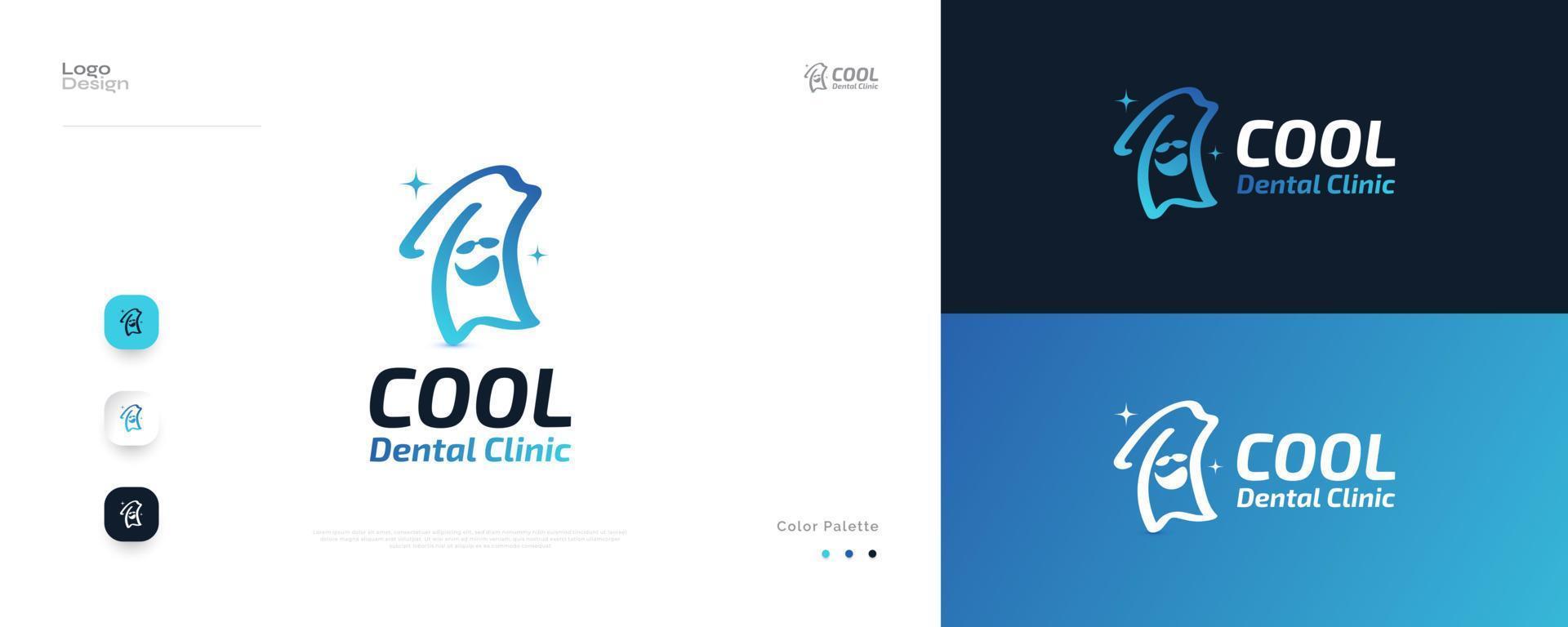 ilustración de logotipo de diente fresco con gafas. logotipo o icono de la clínica dental con estilo de revestimiento vector