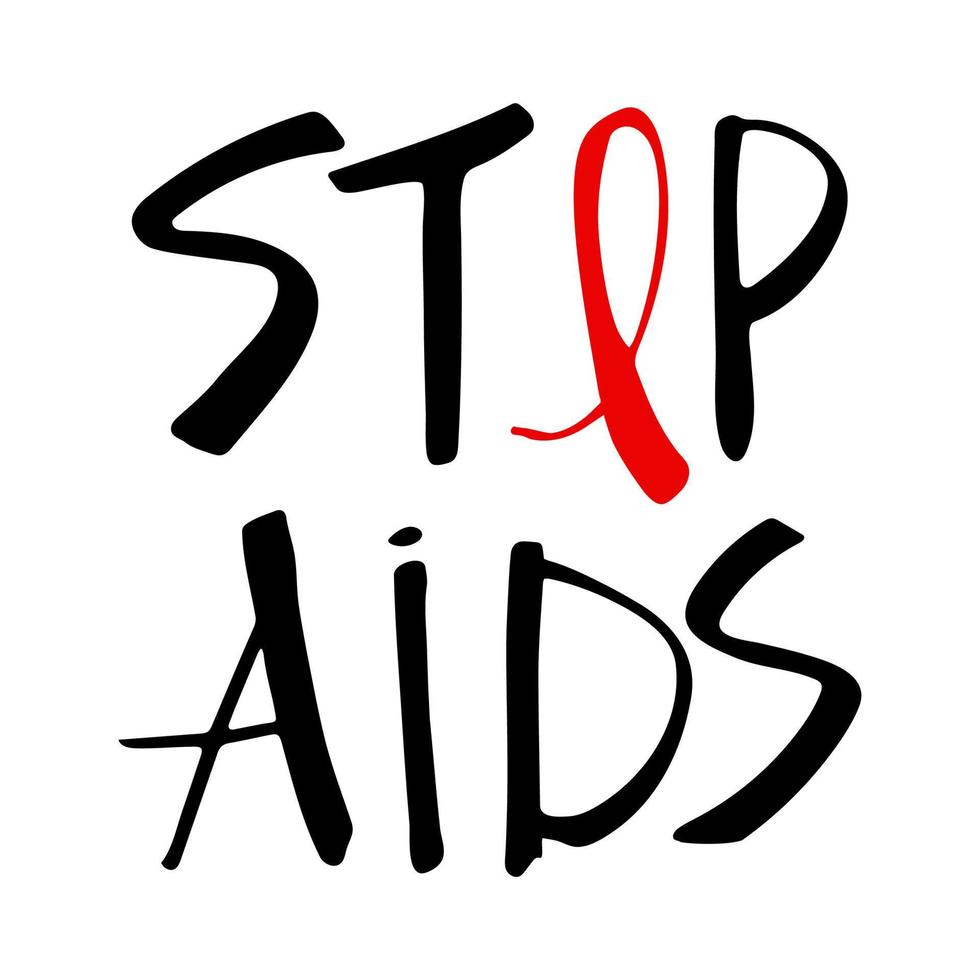 Stop Aids handwritten text with red ribbon vector illustration. World AIDS day poster. Raise awareness for HIV. End HIV