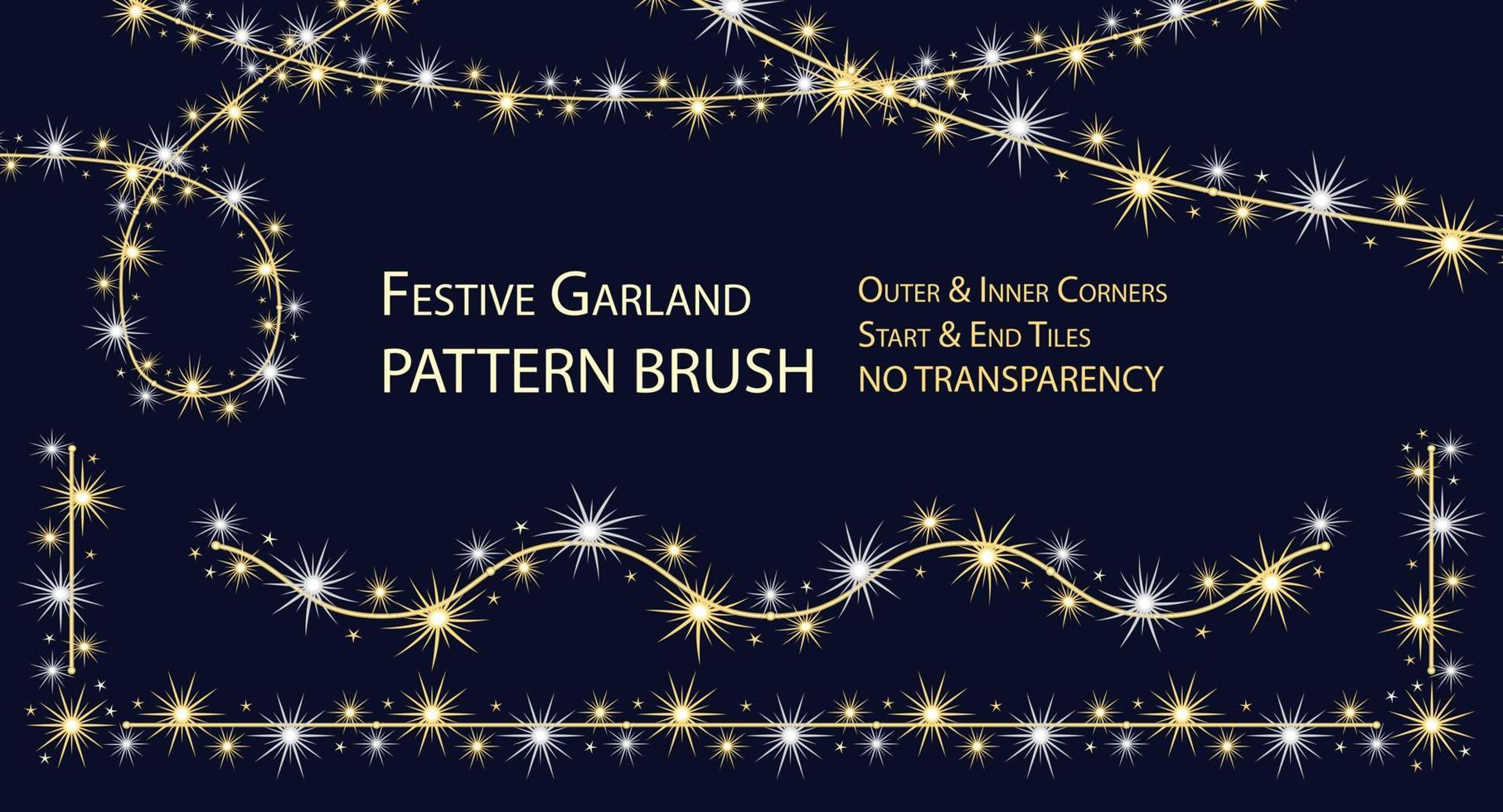 Pattern seamless brush with festive garland like sparkler. White and light yellow glowing sparkles, stars on wire strings. Full completed brush with corners, start and end tiles. No transparency vector