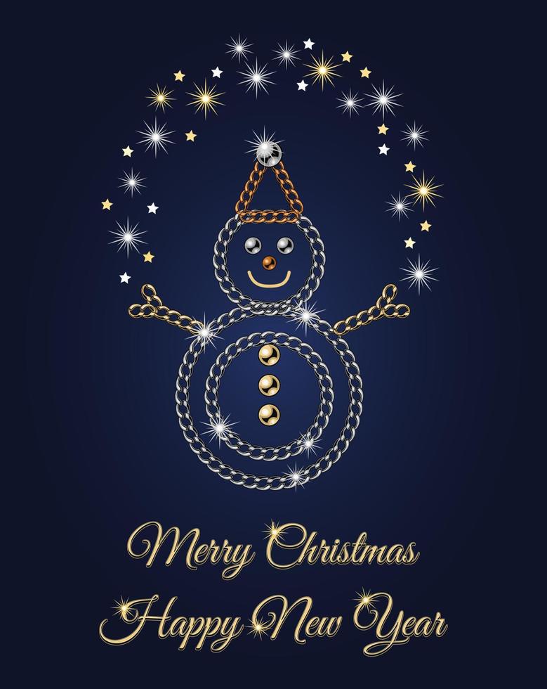 Pre-made greeting card design with snowman juggling little shiny sparkle stars. Snowman made of golden and silver jewelry chains. Text Happy New Year, Merry Christmas. vector