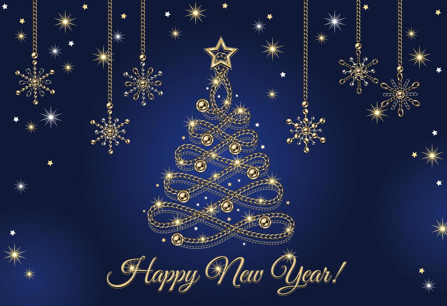 Greeting card design with Christmas tree, hanging snowflakes made of golden and silver jewelry chains. Text Happy New Year. Shiny sprakle stars on deep blue background. CMYK blue colors vector