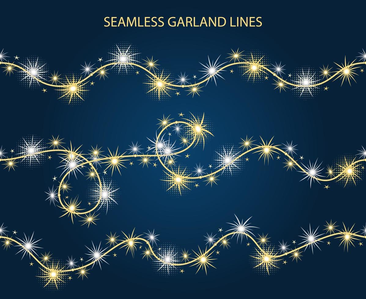 Seamless dividers, borders of festive garlands like sparkler. White and light yellow glowing sparkles, stars, round halftone shapes on wire strings. No transparency vector