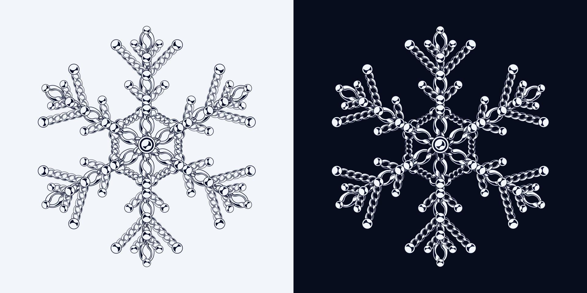 Fancy monochrome snowflake made of jewelry chains with ball beads. Elegant jewel illustration for winter sales, christmas, new year holiday, gift decoration. vector
