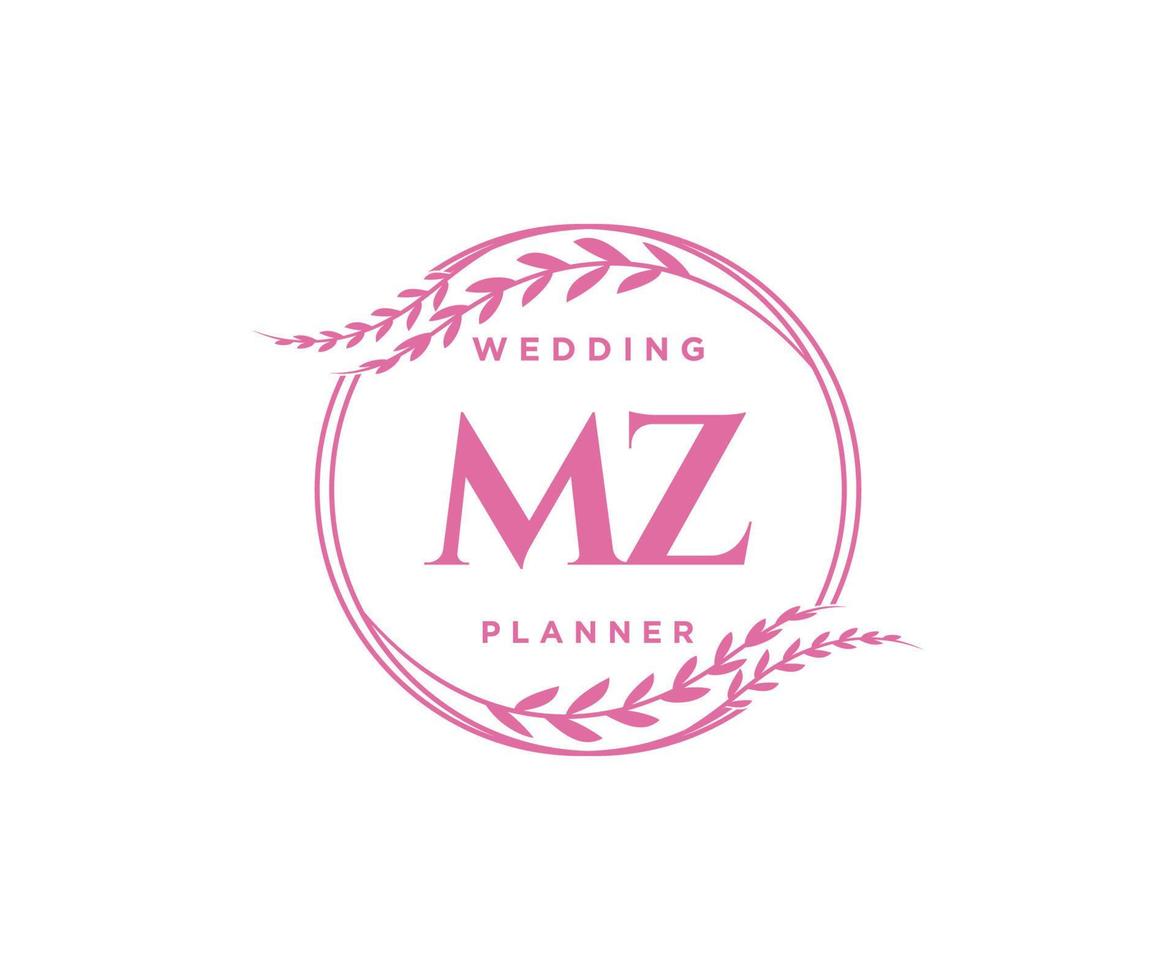 Colección de logotipos de monograma de boda con letras iniciales mz, plantillas florales y minimalistas modernas dibujadas a mano para tarjetas de invitación, guardar la fecha, identidad elegante para restaurante, boutique, café en vector