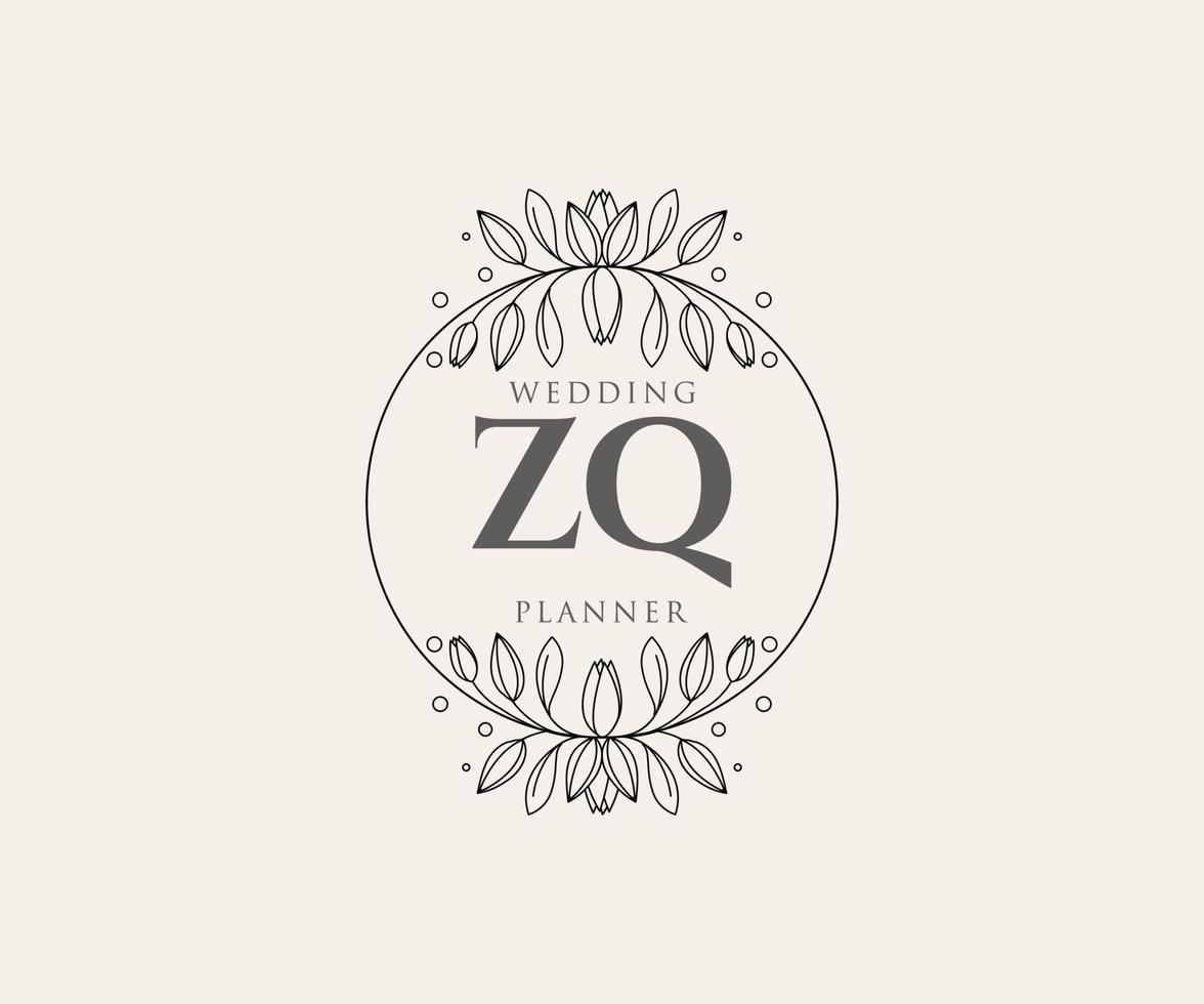 colección de logotipos de monograma de boda con letras iniciales zq, plantillas florales y minimalistas modernas dibujadas a mano para tarjetas de invitación, guardar la fecha, identidad elegante para restaurante, boutique, café en vector