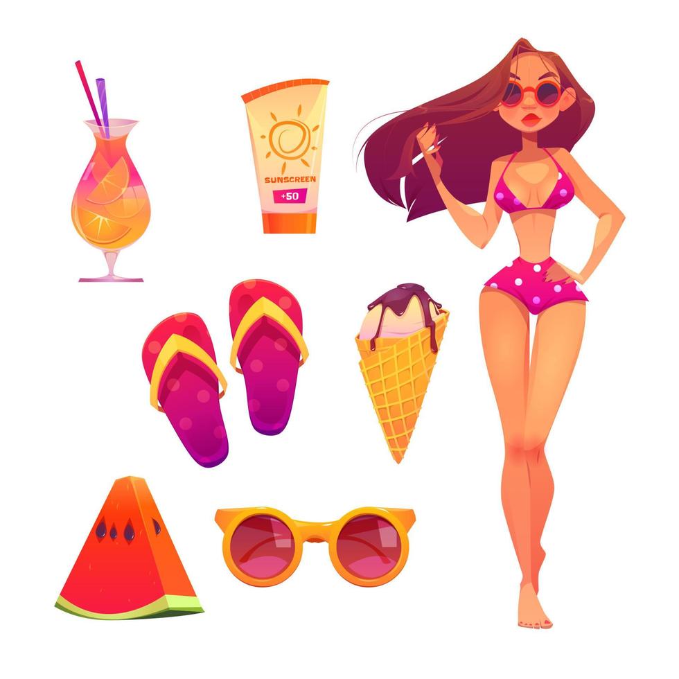 conjunto de playa de verano con chica en bikini y cóctel vector