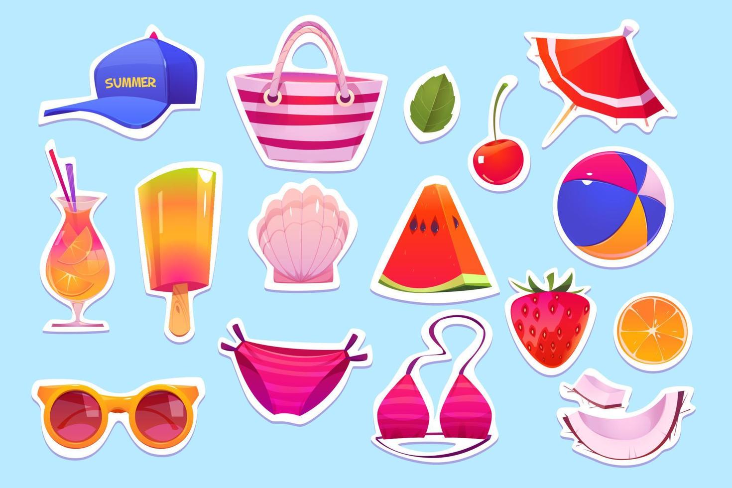 Cute summer stickers for girls, cartoon vector set