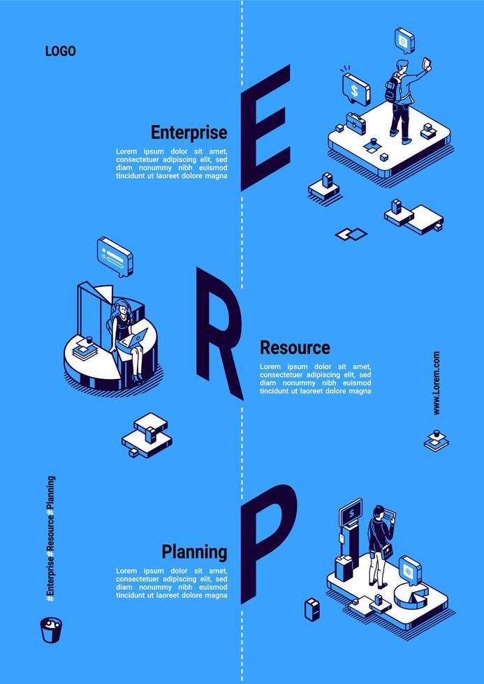 erp, cartel isométrico de planificación de recursos empresariales vector