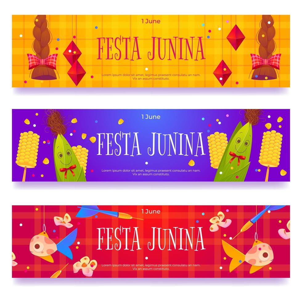 Festa Junina banners with braids, fish and corn vector