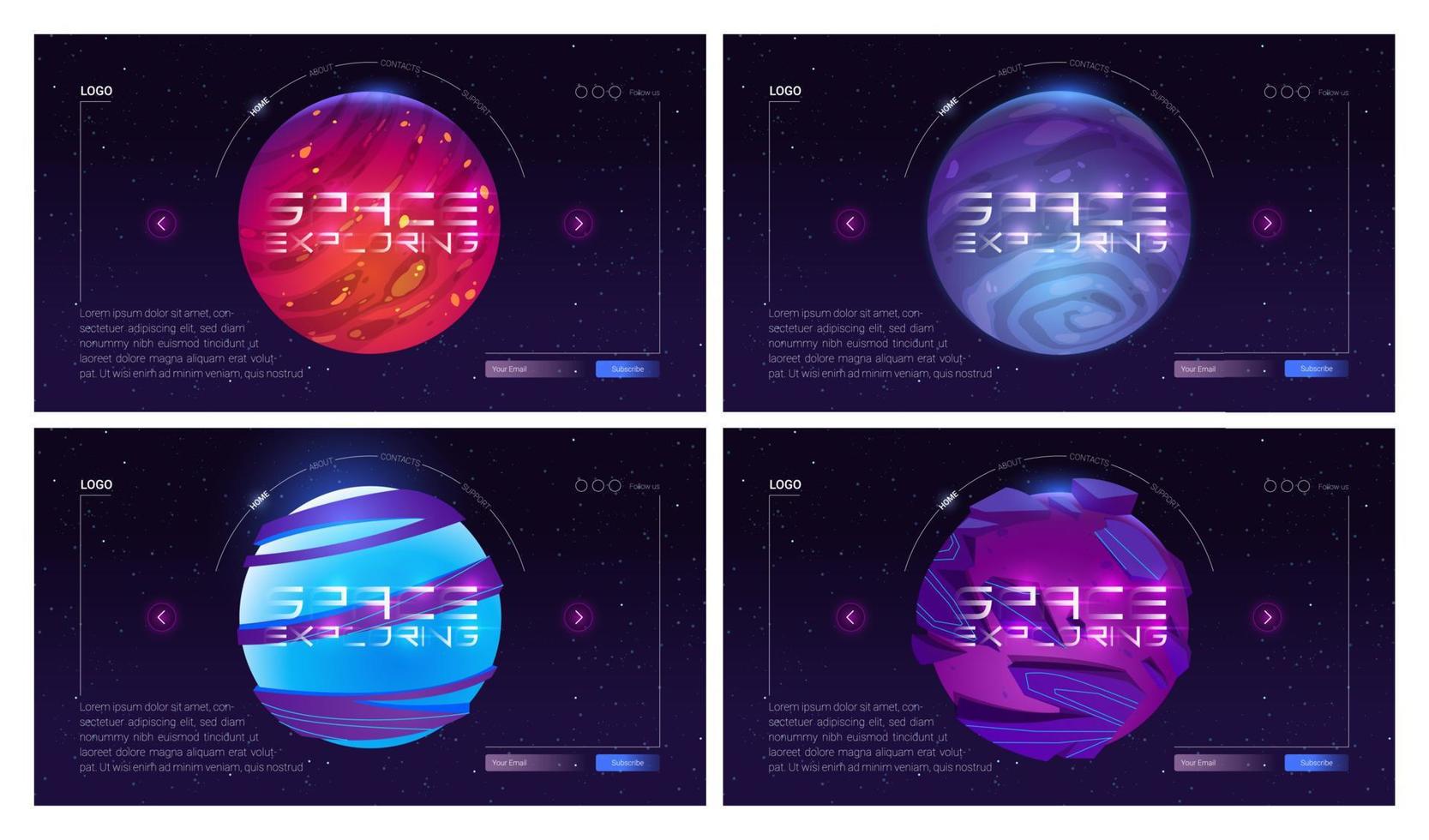 Galaxy travel cartoon landing page with planets vector