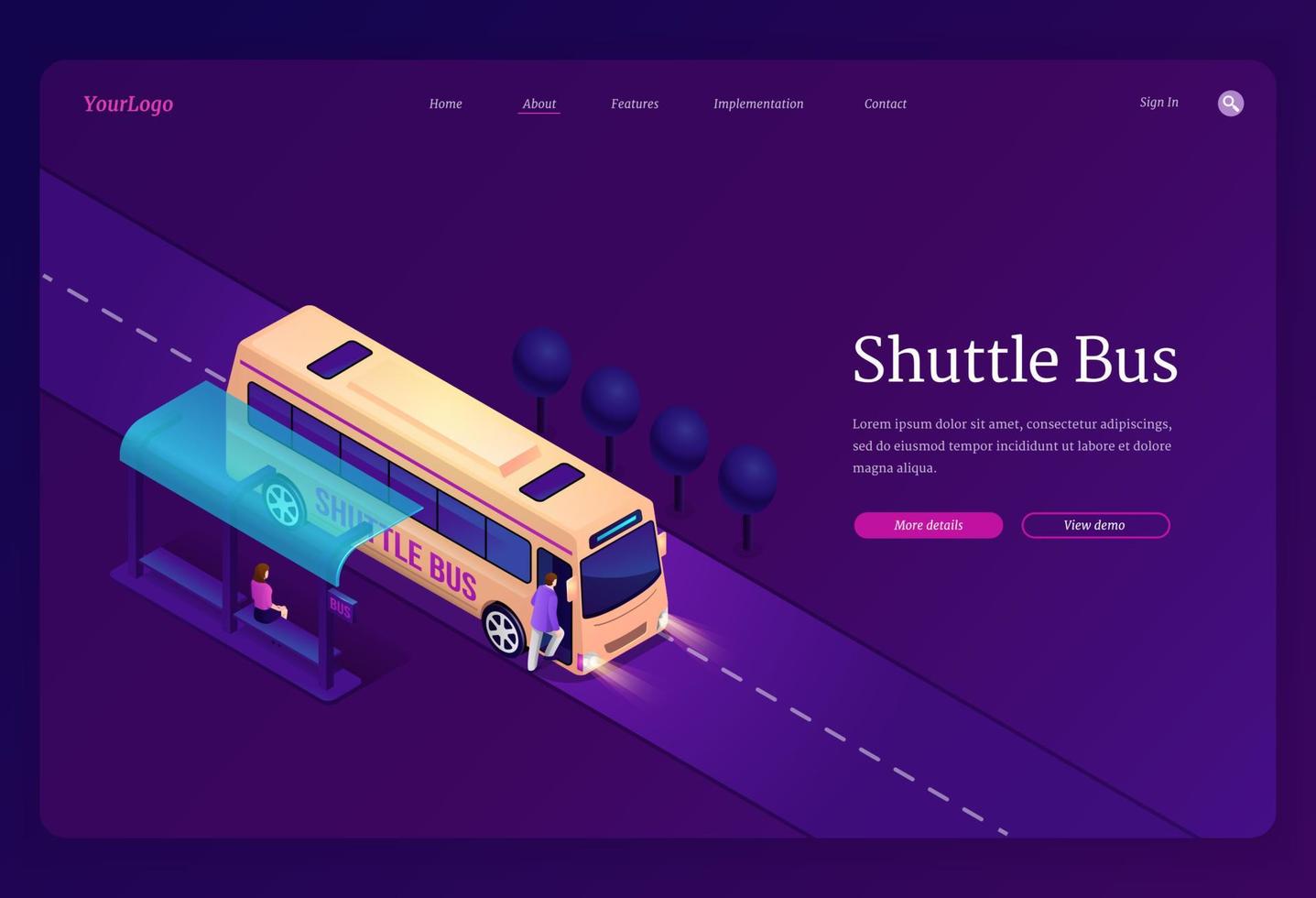 Shuttle bus isometric landing page, transportation vector