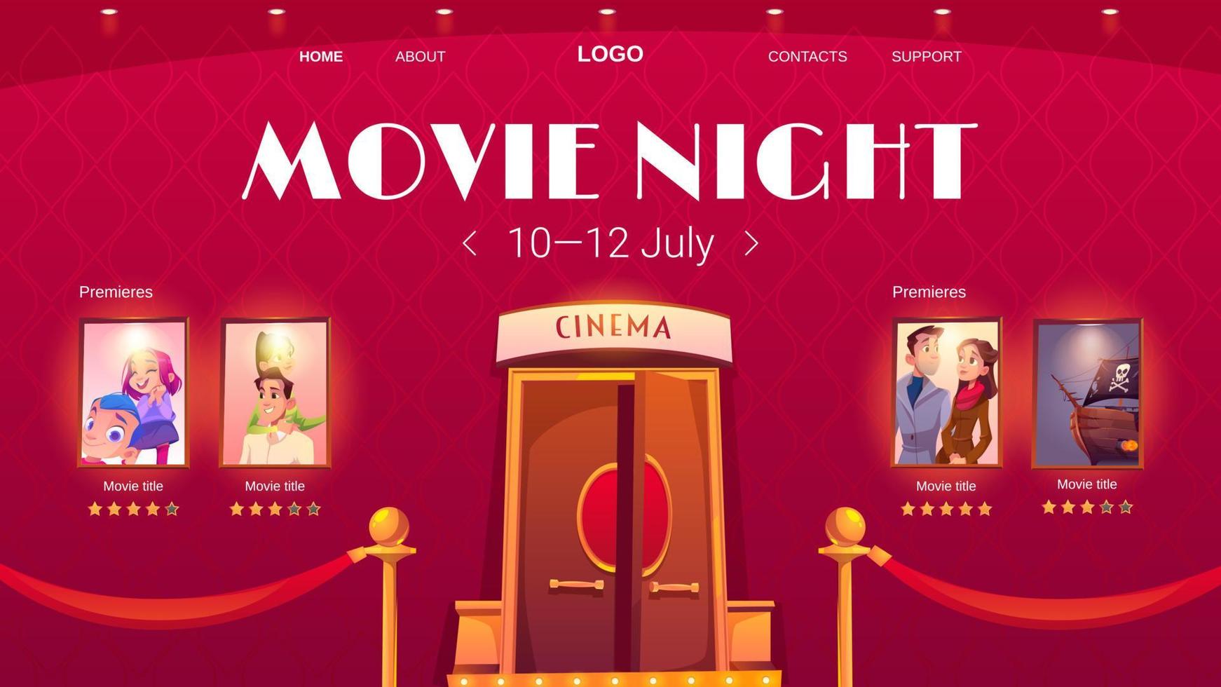 Movie night cartoon landing, invitation to cinema vector