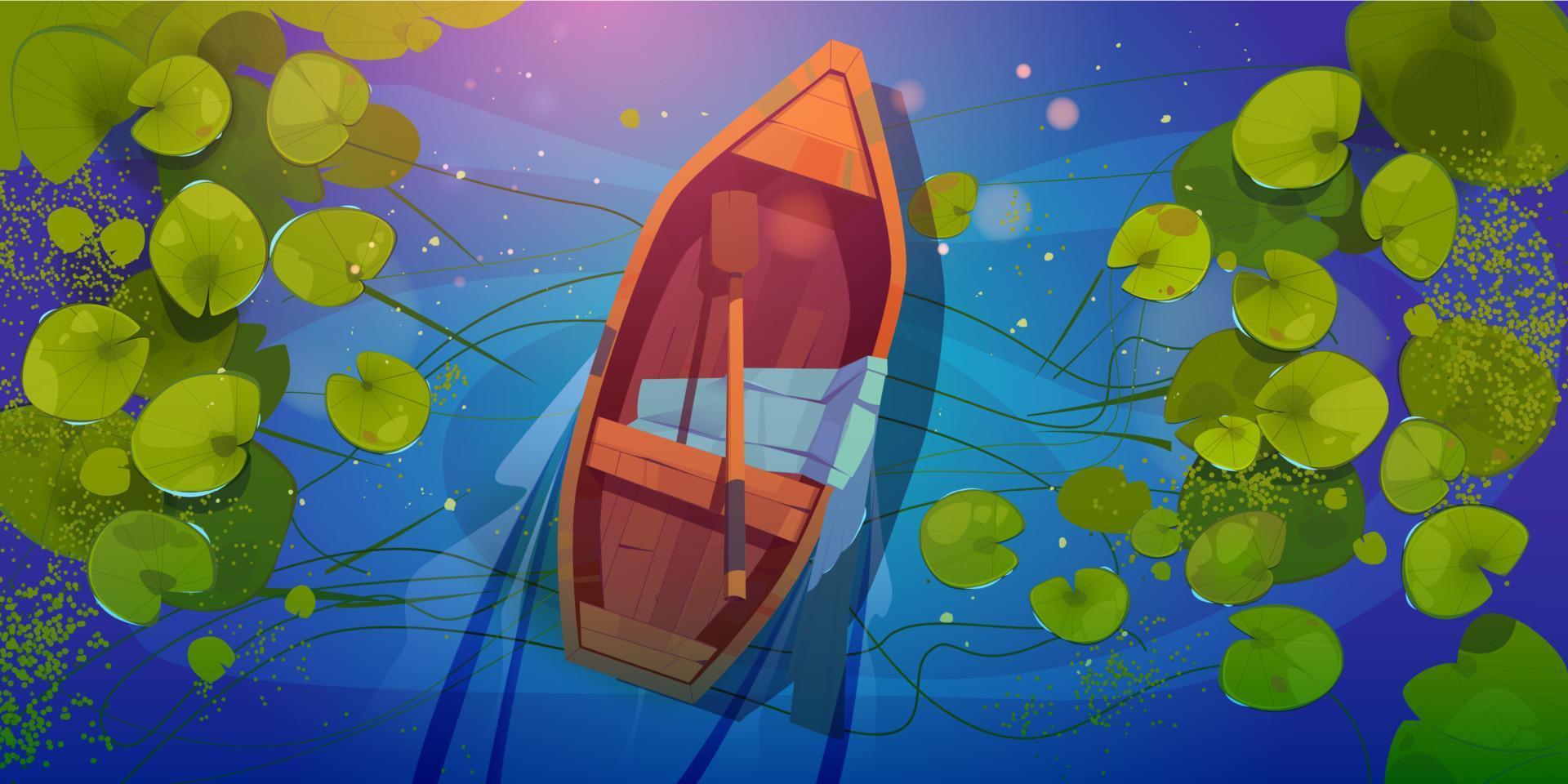 Wooden boat on lake top view, skiff with paddle vector