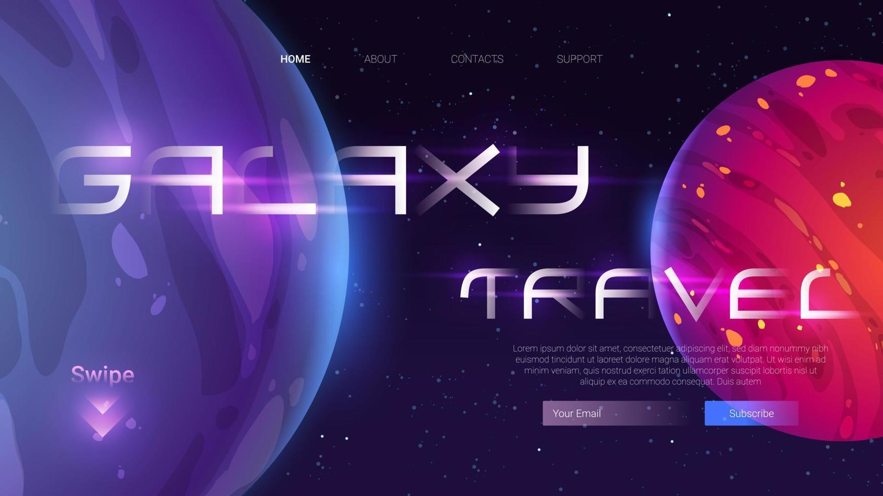 Galaxy travel cartoon landing page with planets vector