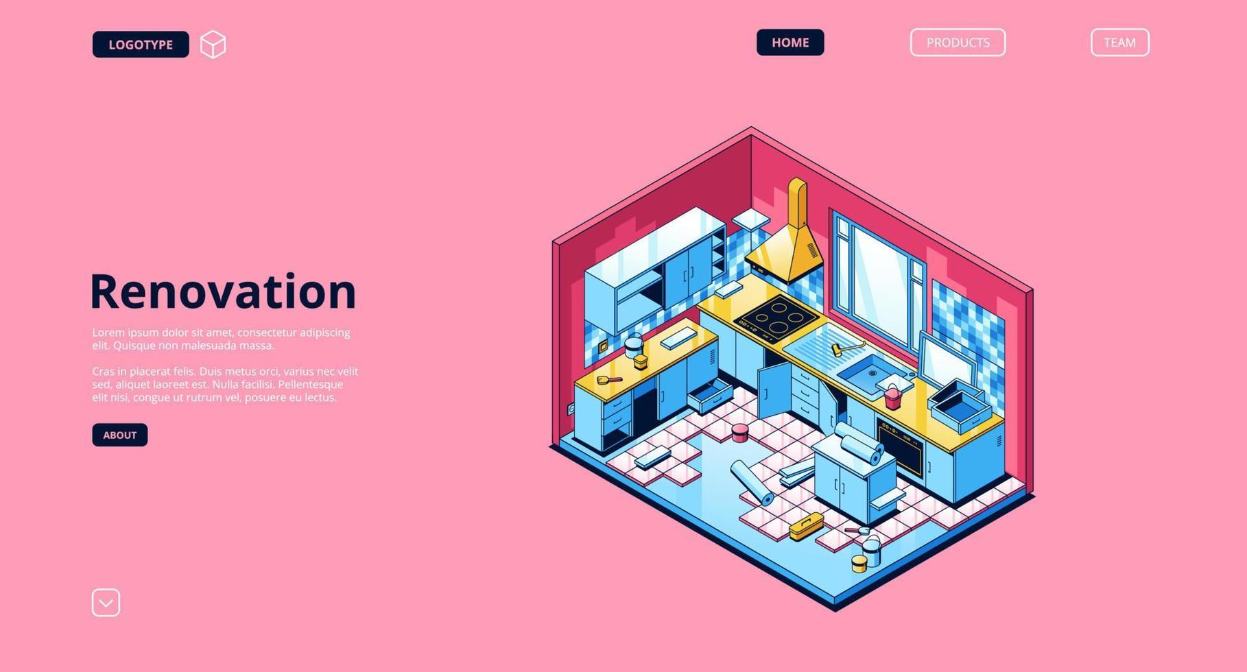 Renovation isometric landing page, home kitchen vector