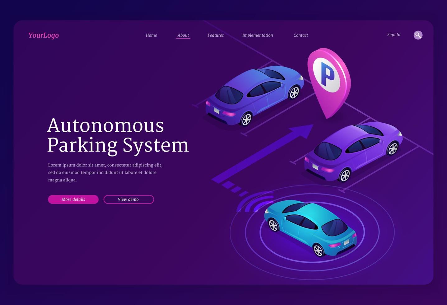 Autonomous parking system isometric landing page vector