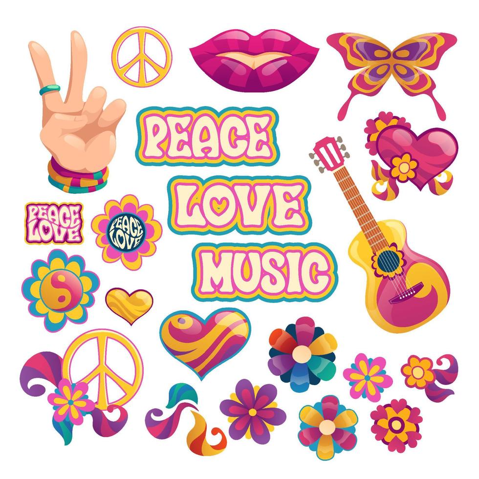 íconos hippies, signos de paz, amor y música vector