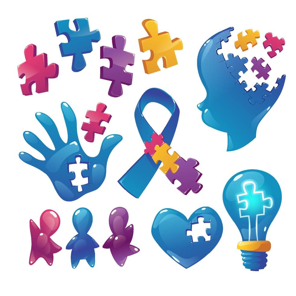 iconos de concienciación sobre el autismo piezas de rompecabezas, cabeza de niño vector