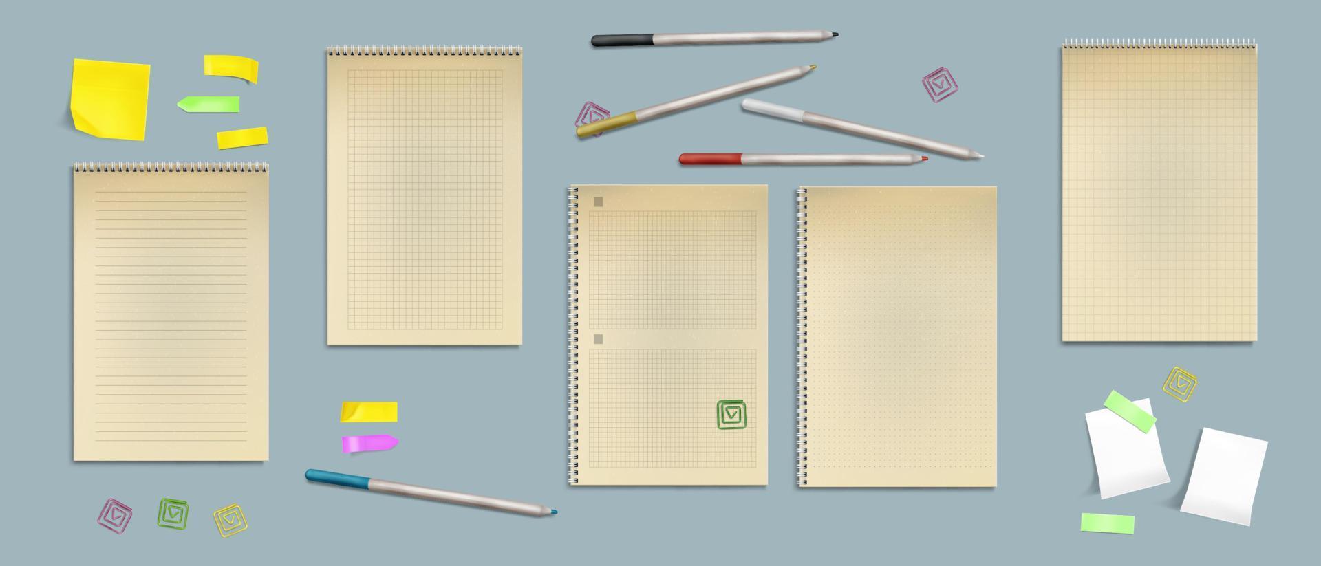 hojas de cuaderno de papel kraft, conjunto de páginas en blanco vector