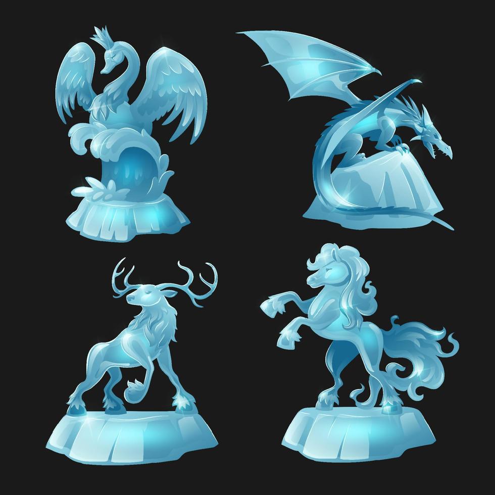 Ice sculptures of horse, dragon, swan and deer vector