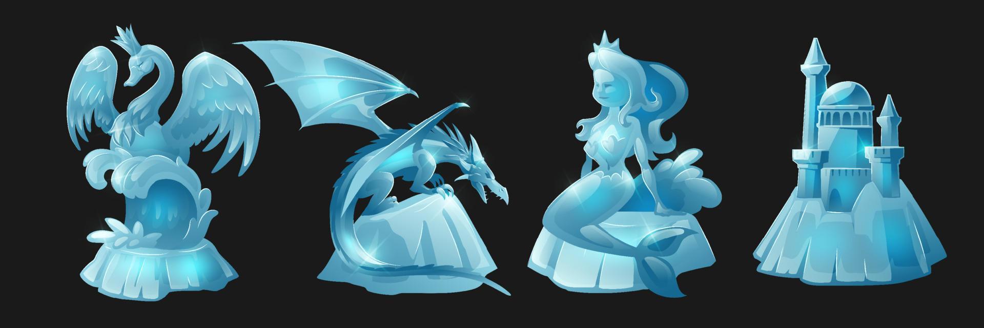 Ice sculptures, statues of swan, dragon, castle vector