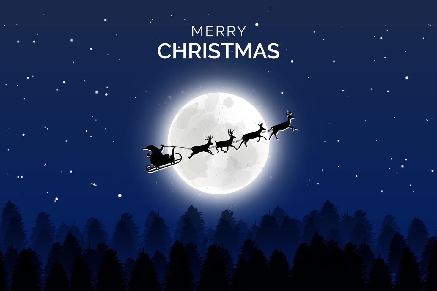 merry christmas background with ligntning moon and flying santa claus and deers on the sky vector